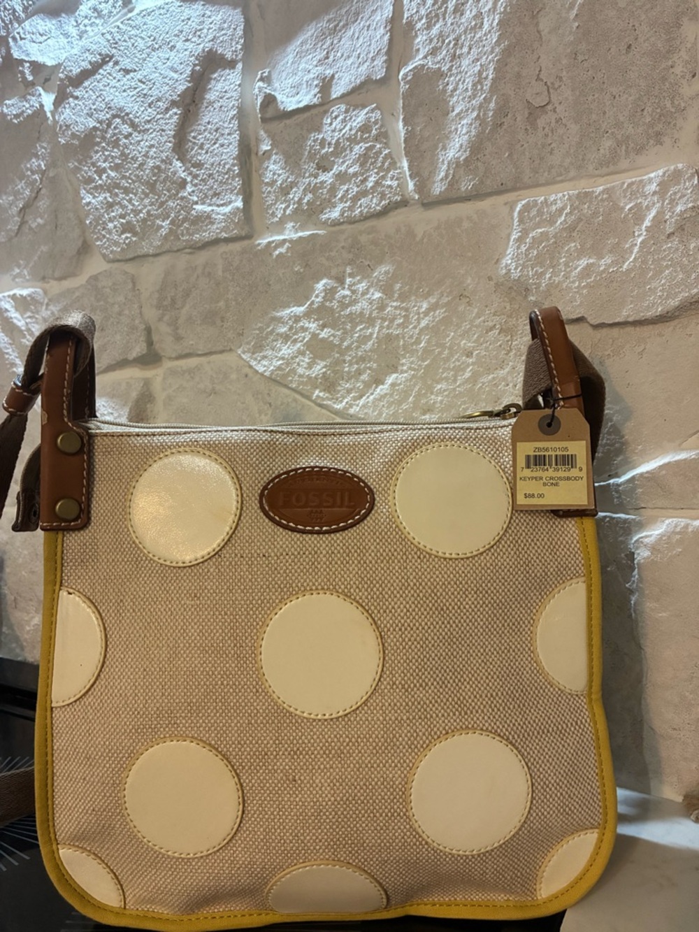 Fossil Beige Canvas Polka Dot Crossbody with Brown Trim  New with tags